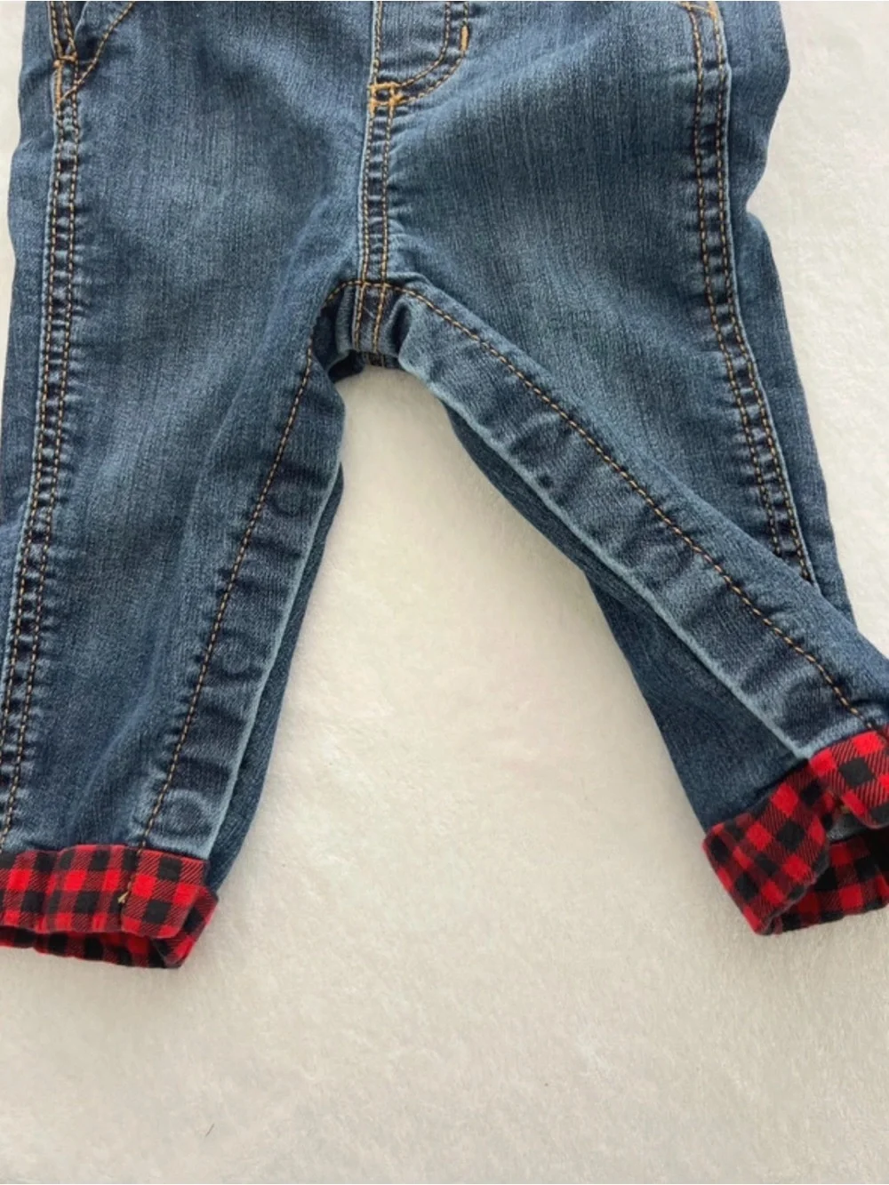 Carter's Kid Denim Overalls with Red Plaid Lining 9 Months